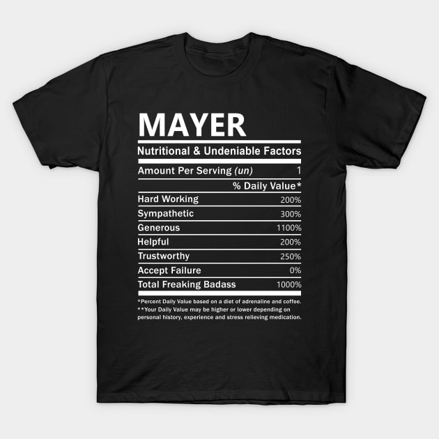 Mayer Name T Shirt - Mayer Nutritional and Undeniable Name Factors Gift Item Tee T-Shirt by nikitak4um